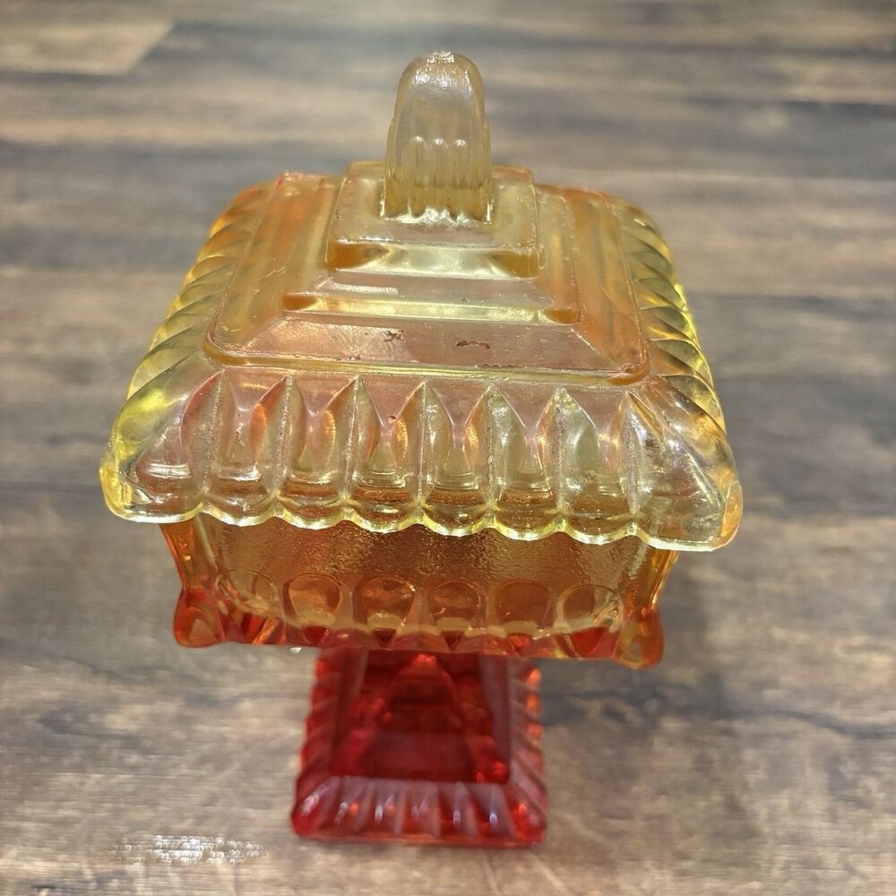 Vintage Amberina Glass Covered Pedestal Square Wedding Box Dish 8.5"